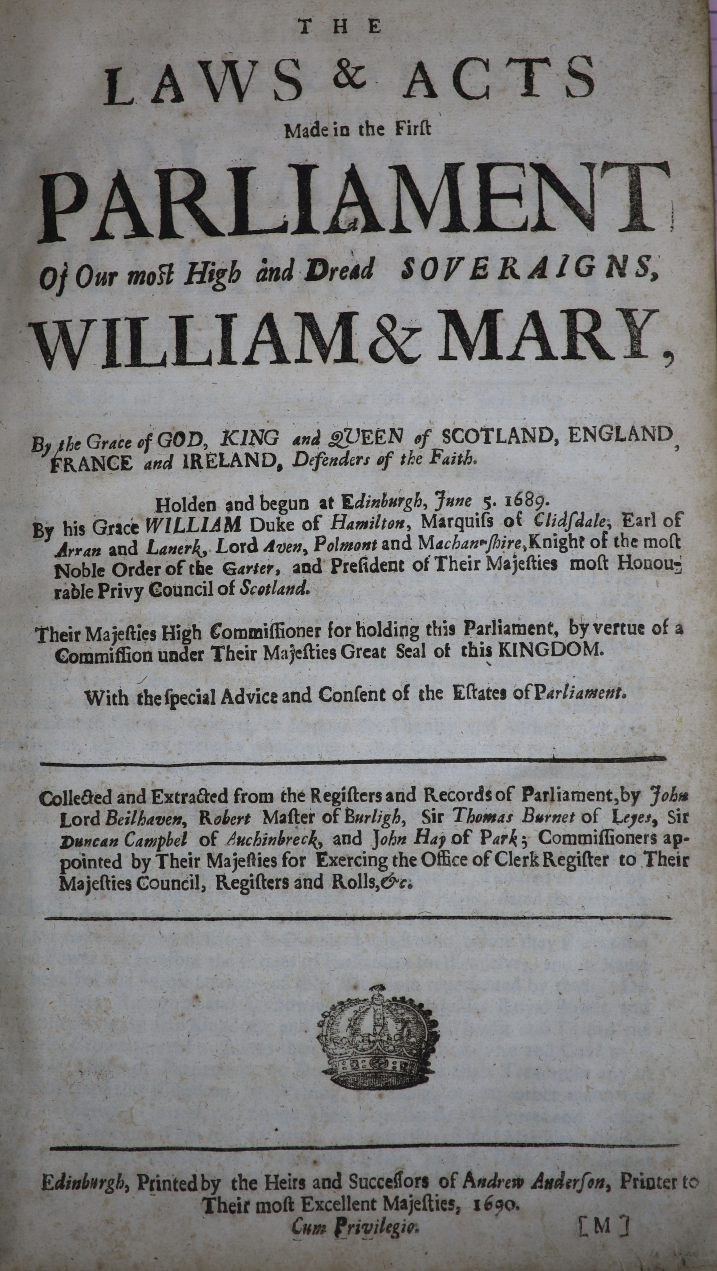 [Scotland] Laws and Acts (of Scotland)' approx. 12 various, William & Mary (1689) - Ann (1707). engraved headpieces and decorated initial letters; includes (January 1707) 'Act Ratifying and Approving the Treaty of Union